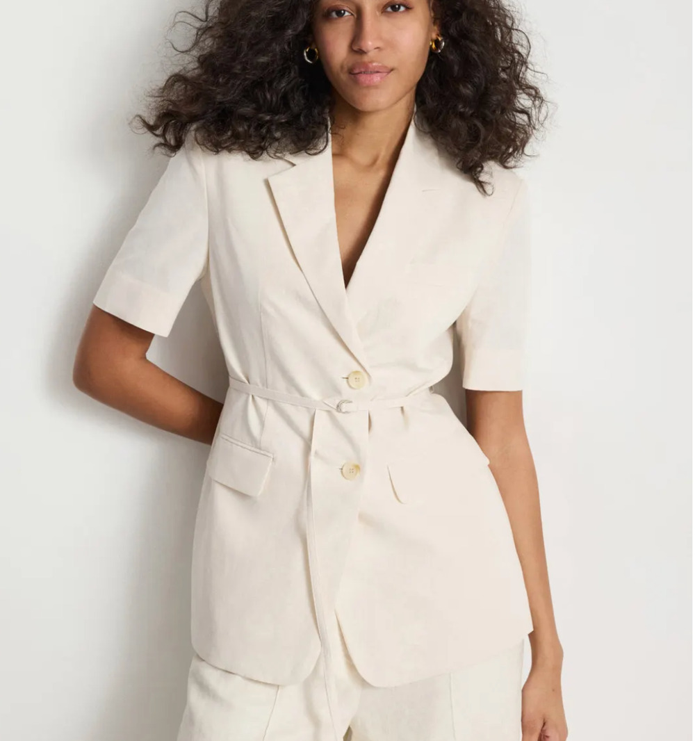 Dunst Off White Linen Blazer XS Career Top Belted Short Sleeve Designer $215